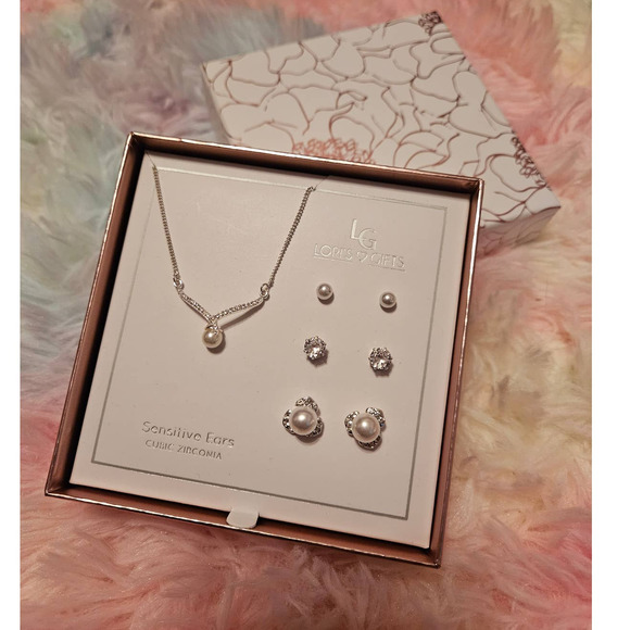 NEW! LG Lori's Gifts Necklace & 3 Pairs of Studs with Faux Pearl Cubic Zirconia - Picture 3 of 7